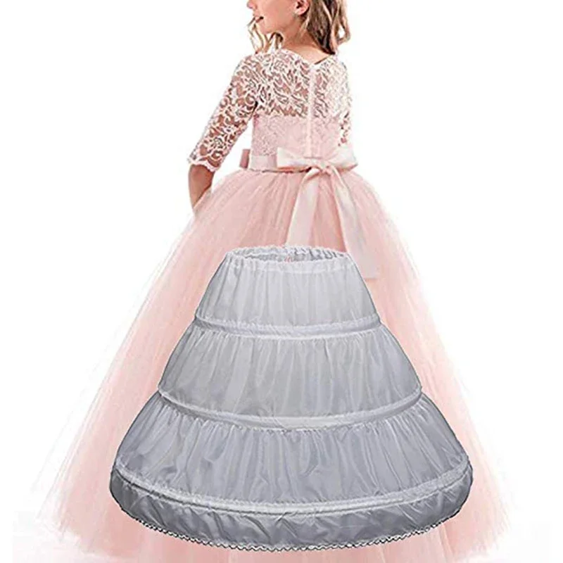 Jupon Crinoline en Dentelle Blanche pour Enfant, 3 Trois Cerceaux, Ligne A, Garniture, pour Robe de Fille à Fleurs, Sous-Jupe, Taille artificiel astique, Slip Complet