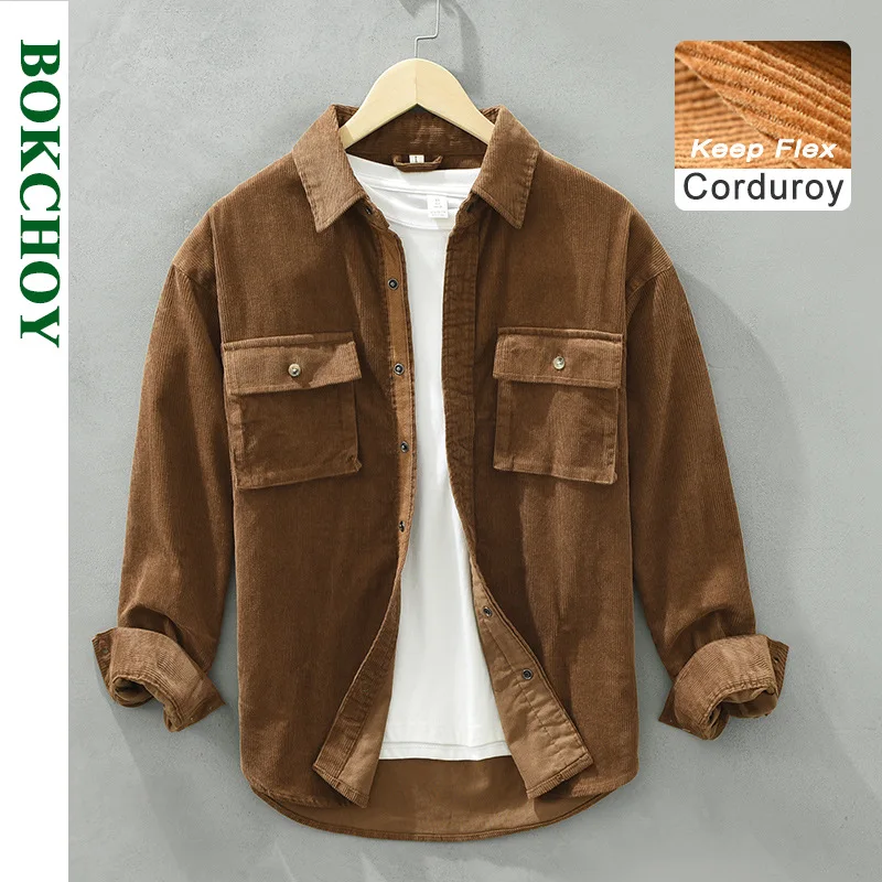 Autumn New Vintage Cargo Corduroy Shirts for Men Casual 100% Cotton Loose Turn-down Collar Shirts C6631