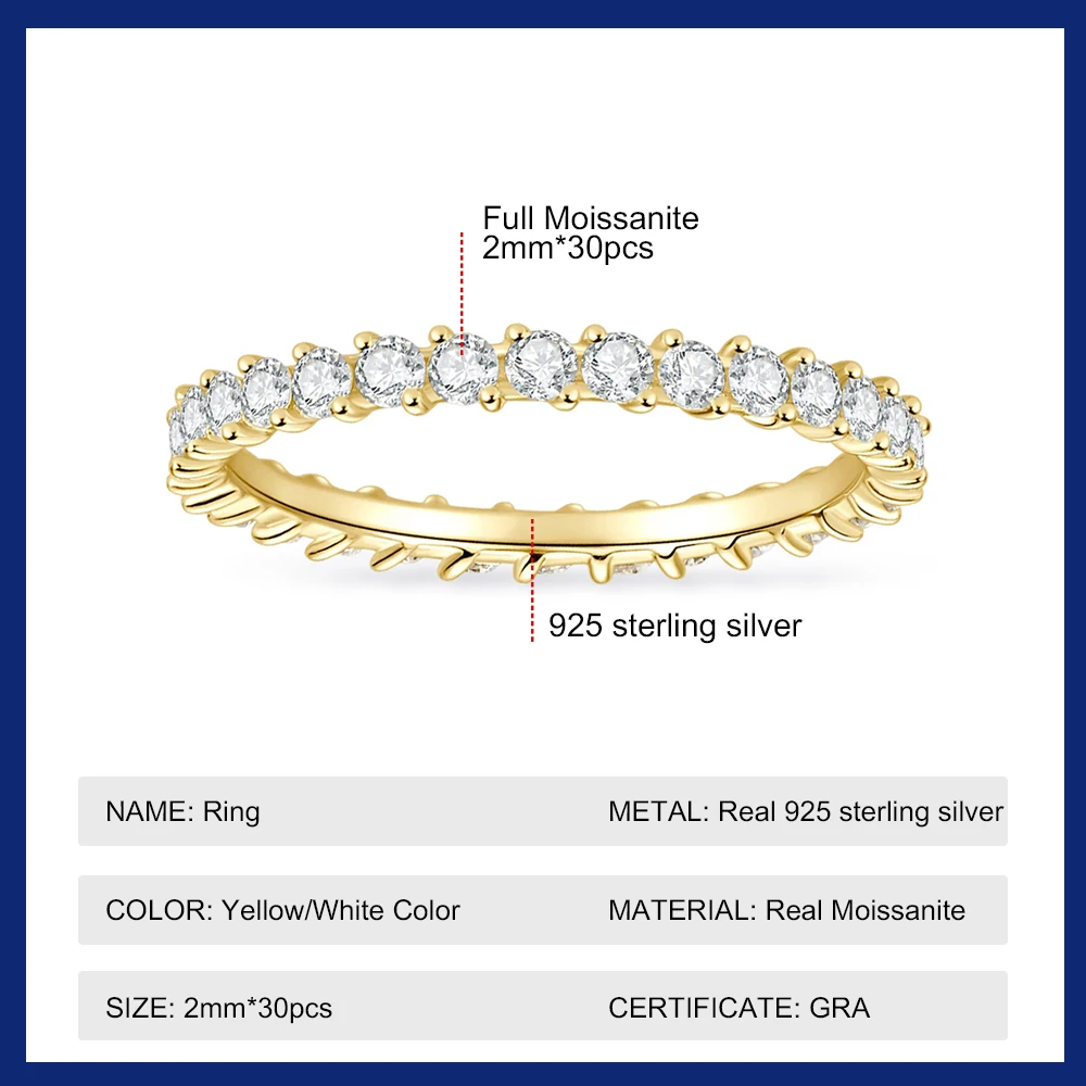 Sweetrain 2mm All Moissanite Rings for Women Lab Diamond Eternity Band 925 Sterling Silver 18k Plated Stackable Wedding Rings