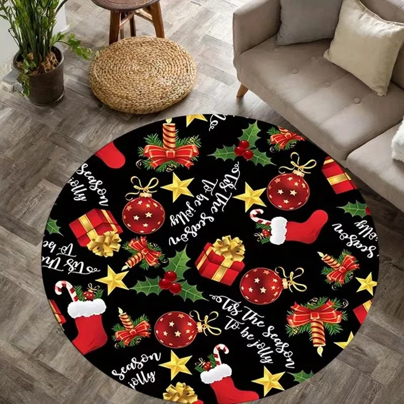 Christmas Element Print Round Rug Xmas Stocking Bauble Gift Circular Carpet Soft Floor Mat for Holiday Living Room Bedroom Decor
