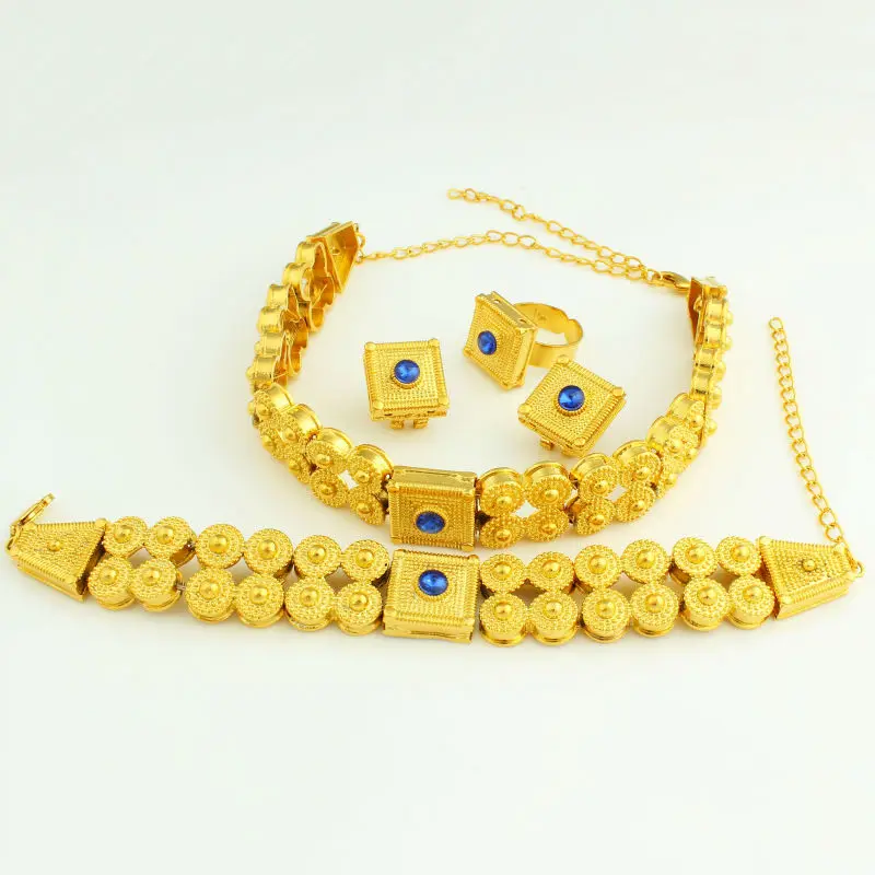 New Green Stone Ethiopian Set Jewelry 24K Gold Color Necklace/Earring/Ring/Bracelet Jewellery Set For Eritrea African Women