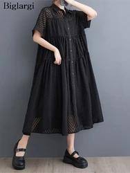 Oversized Summer Loose 2 Two Piece Set Women Sleeveless A-Line Ladies Slip Dresses See Through Fashion Woman Midi Shirt Dress