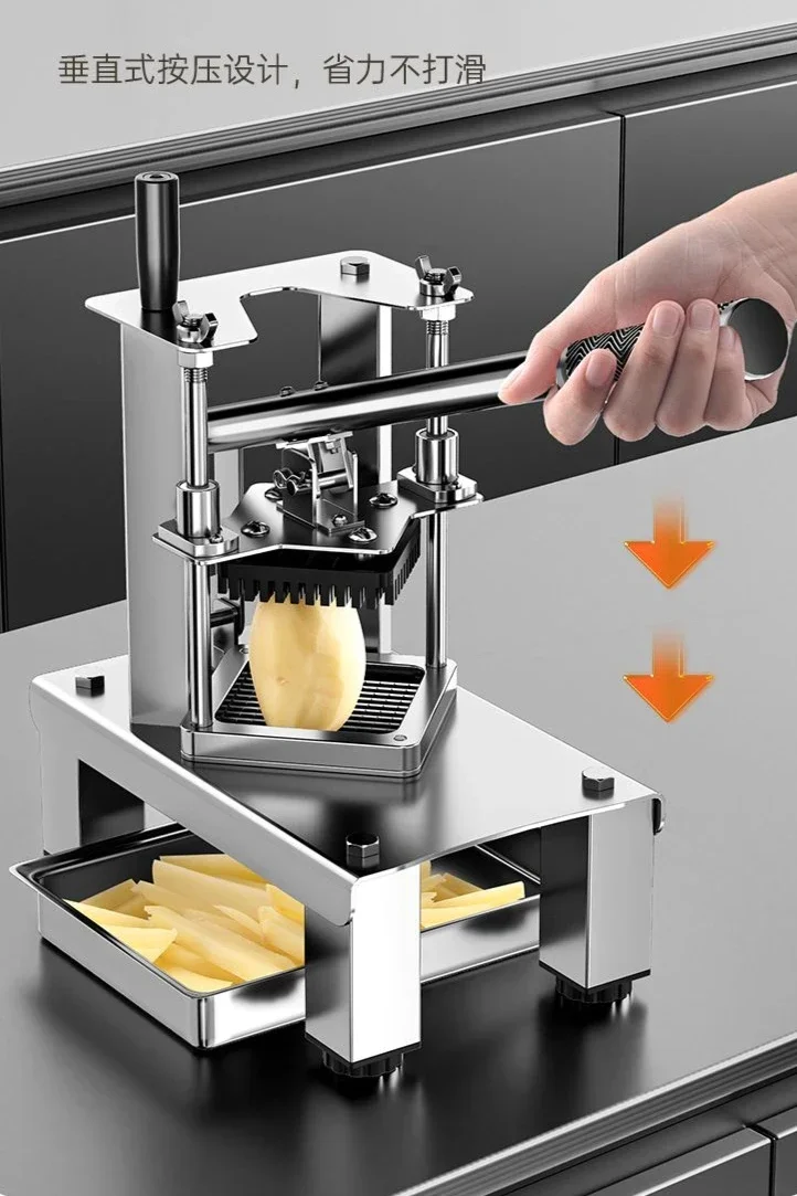 Commercial potato cutter for cucumbers, radishes, potatoes, lettuce and French fries. Vertical kitchen tool.