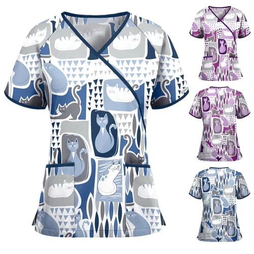 Imagen 2 del producto Nueva ropa de trabajo de enfermera, camiseta de uniforme de enfermera con estampado Popular europeo y americano para primavera y verano para mujer