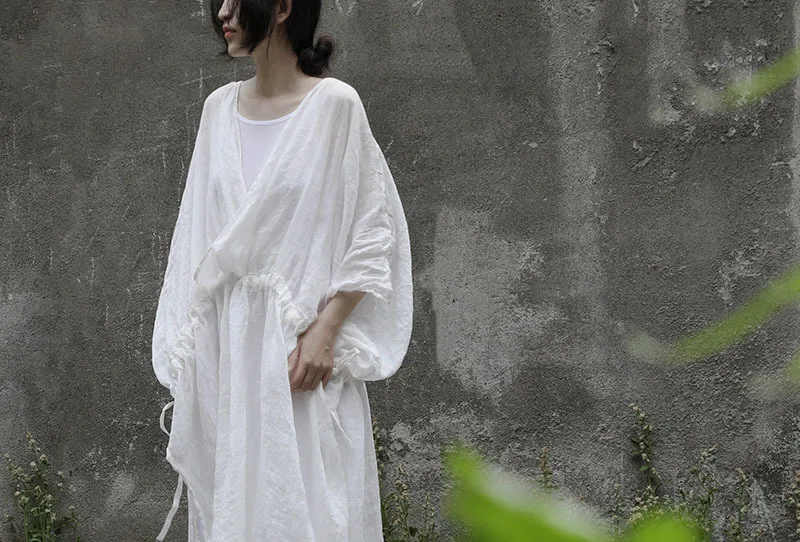 UMI MAO Forest Breathing Long Dress Elegant Women Summer Ramie Art Style Robe Travel Style Zen White Dress Femme Y2K