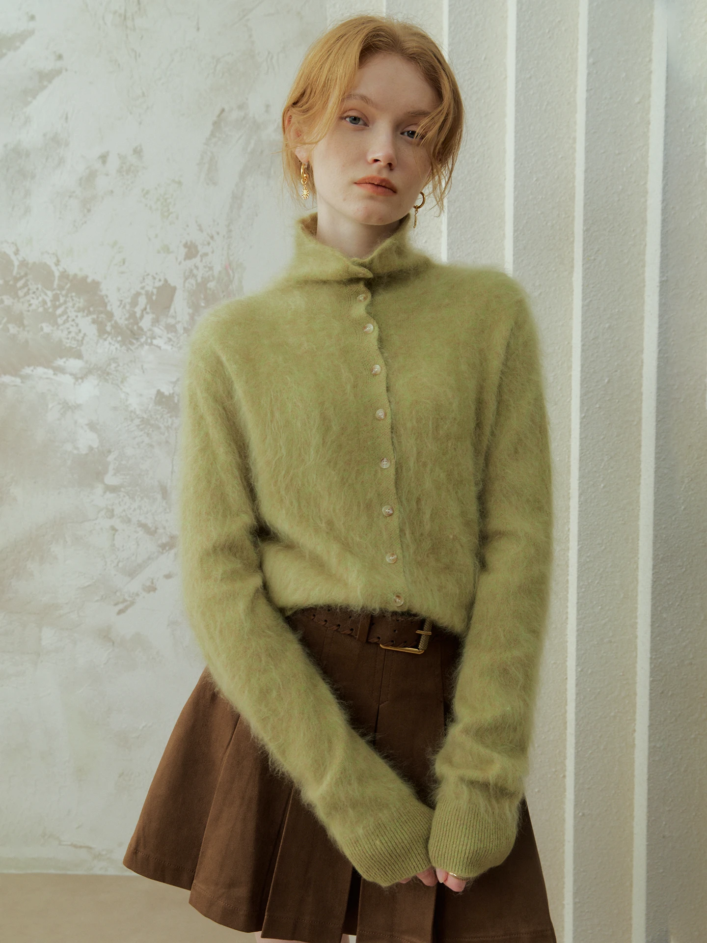 

Шелковый вязаный кардиган Oz Camere для женщин: двусторонний воротник, теплый, мягкий, с длинными рукавами, свободный крой, высокий воротник