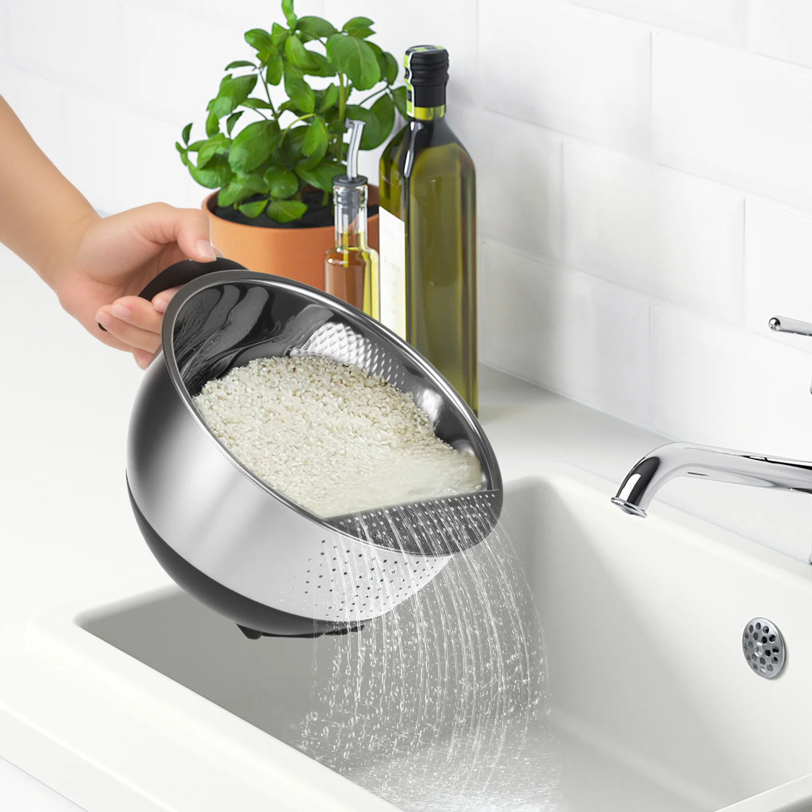 

Stainless Steel Rice Washing Colander Bowl with Silicone Base and Handle Versatile Side Drainers for Cleaning Fruits Vegetables