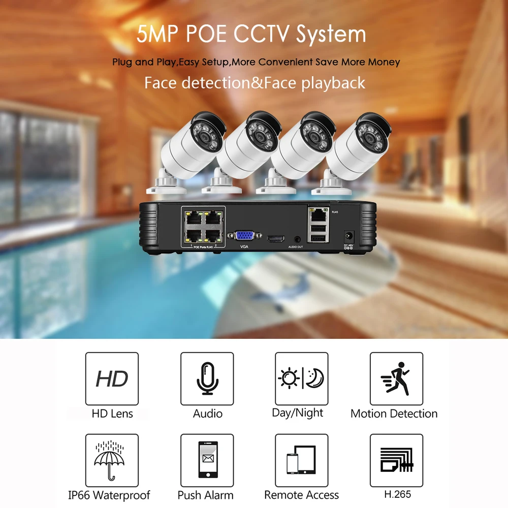 Gadinan 5MP NVR H.265AI 4CH Face Detection Security Camera System Kit Outdoor Audio Motion Detection IR Surveillance Camera NVR