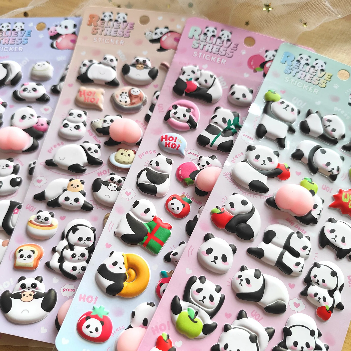 4-Piece Cute Panda Stress Relief Stickers 3D Embossed Decor for Kids’ Crafts Gift Embellishment