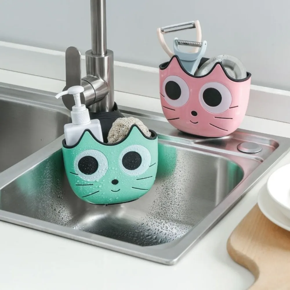 Ajustable Sink Drainage Bag Storage Basket Cartoon Cat Faucet Drainage Rack Organzier Bag Kitchen Storage Kitchen Hanging Basket