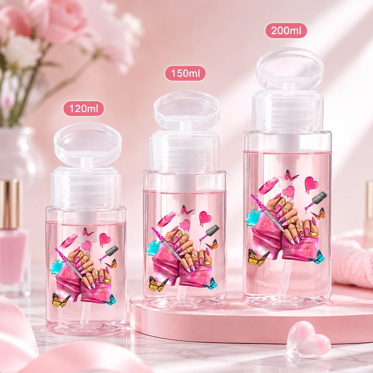 Pink Nail Polish Remover Pump Dispenser Bottle, Refillable Leakproof Press Top Container for Cotton Pads, Salon & Travel