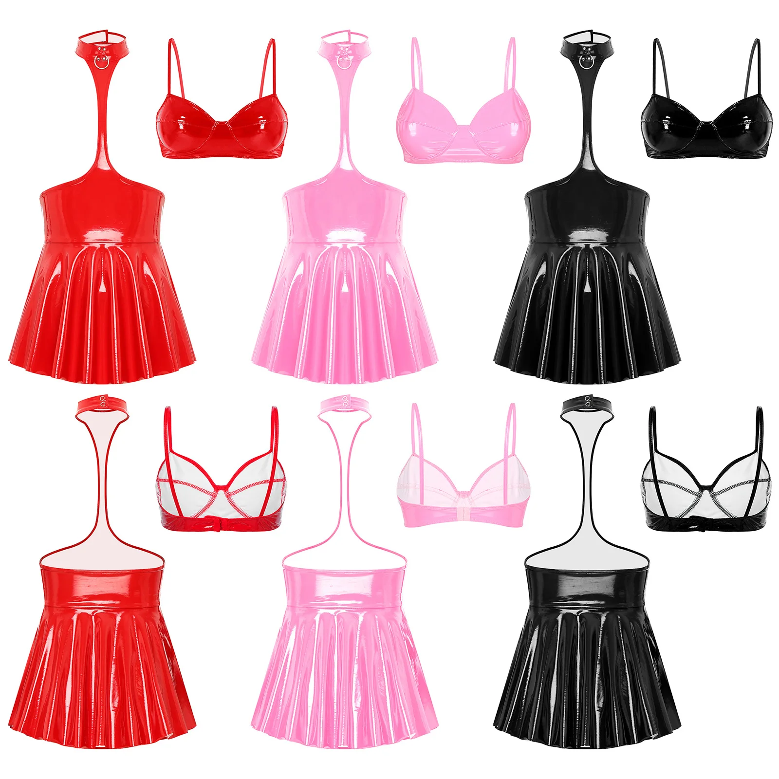 Women Glossy PU Leather Clubwear Set No-wire No-pad Bra Top Open Chest Halter Ruffled Hem Dress for Nightclub Anniversary Party