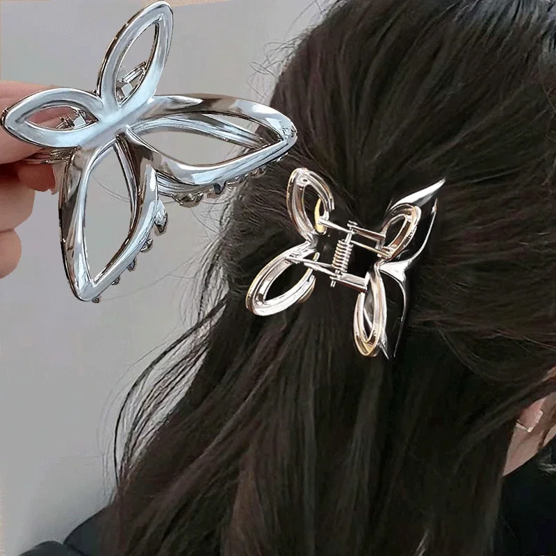 Korea Bright Silver Geometric Hairpin Hollow Butterfly Grab Clip Hair Claw Woman Girls Punk Metal Butterfly Barrette Headdress