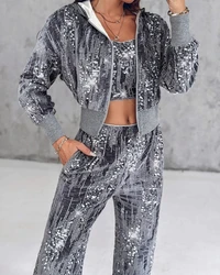 3 Piece Women Outfit 2024 Autumn Velvet Contrast Sequin Long Sleeve Hooded Sweatshirt & Pocket Pants Sets Tracksuit with Top