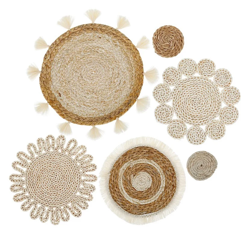 

6PCS Boho Wall Basket Decor Set Woven Rattan Flat Baskets Wall Hanging Decor Sofa Bedside Decorations