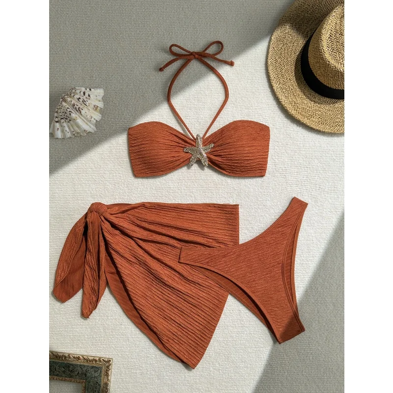 Metall Seestern Bandeau Bikini Set Damen Bademode Split Bikini Push Up Bandage Rock Cover Up 2025 Neue Urlaub Beachwear 3-teilig