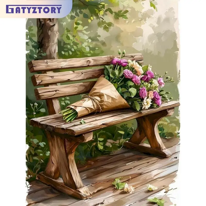 40x50cm Stuhl-Blumenstrauß Malen nach Zahlen, handgemalte Bilder nach Zahlen, Landschafts-Leinwand für Malsets, Heimdekoration