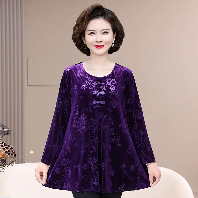 Autumn Long Sleeve T-Shirts Spring Fall Women Pullover Jacquard Middle Age Mother Retro Bottoming Shirt Casual Tops Tee 6XL7XL