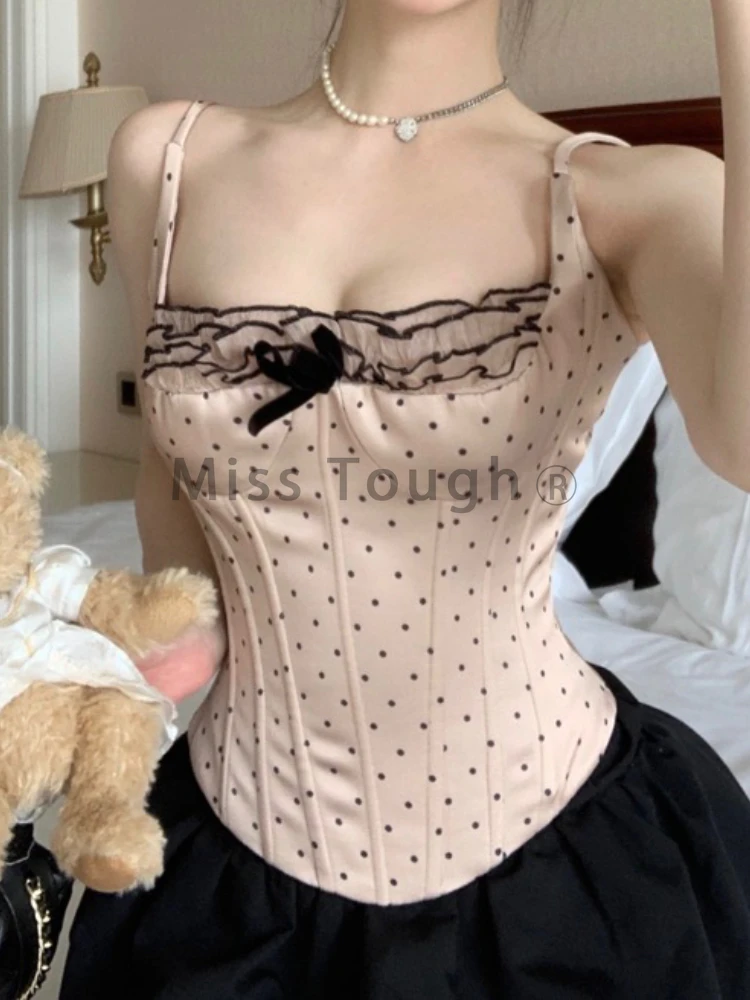 Casual Polka Dot Tank Sleeveless Tops Women Fashion Y2k Lace Sling Strapless Top Female Vintage Sweet Slim Bow Short Vest Girl