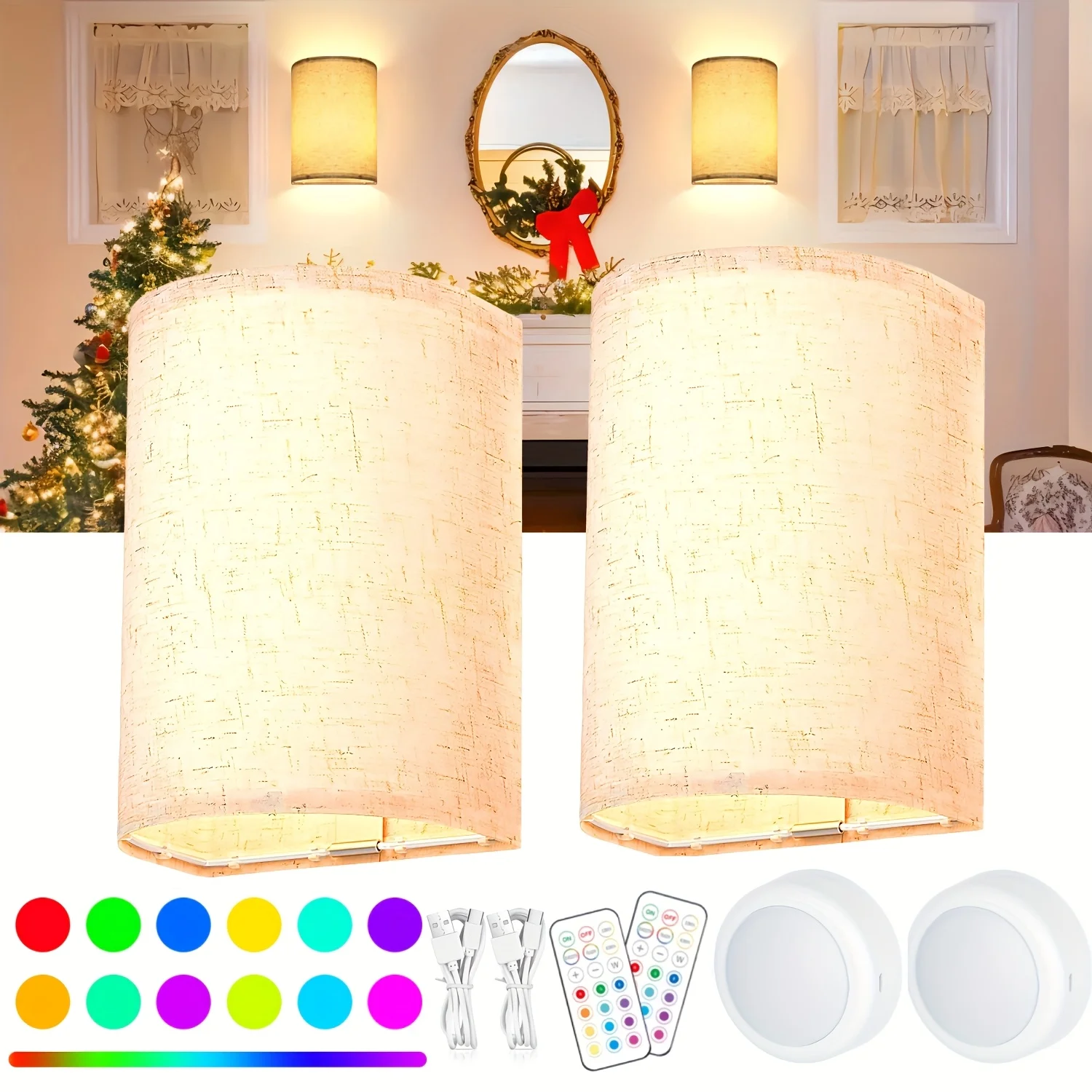 

Battery Operated Wall Sconce, RGBW Color Dimmable Fabric Rechargeable Wall Lamp with Remote, Night Lights with Timer