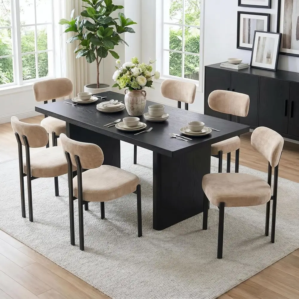

Chic Chenille Upholstered Dining Chairs Set of 6 with Curved Back and Black Metal Legs, Suitable for Home or Restaurant Use, Kha