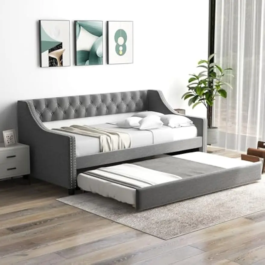 Modern Trundle Bed with Button Tufted Backrest and Wooden Slat Support, Twin Size Day Bed for Living Room Guest Room