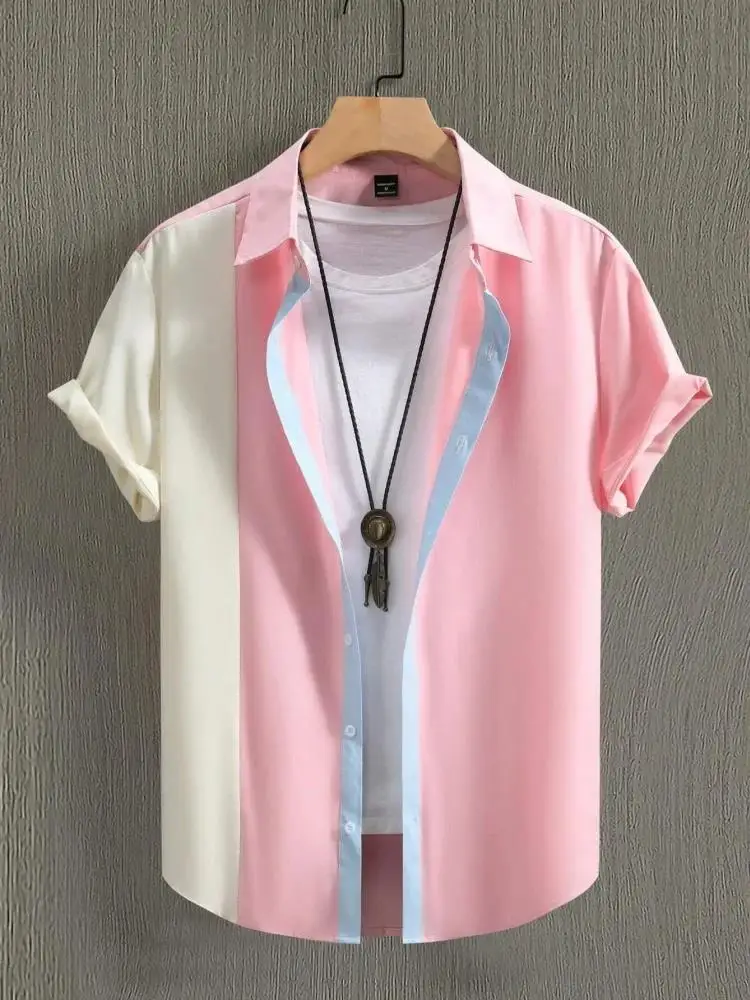 Pastel Multicolor Vertical Panel Splicing Pattern Unisex Short Sleeve Blouse Camp Collar Loose Daily Vacation Shirt