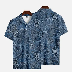 Hawaiian Vintage Patchwork Style Printed Summer Men's Button Down Collar Polo Shirts Casual Short Sleeve Fashion Men Clothing