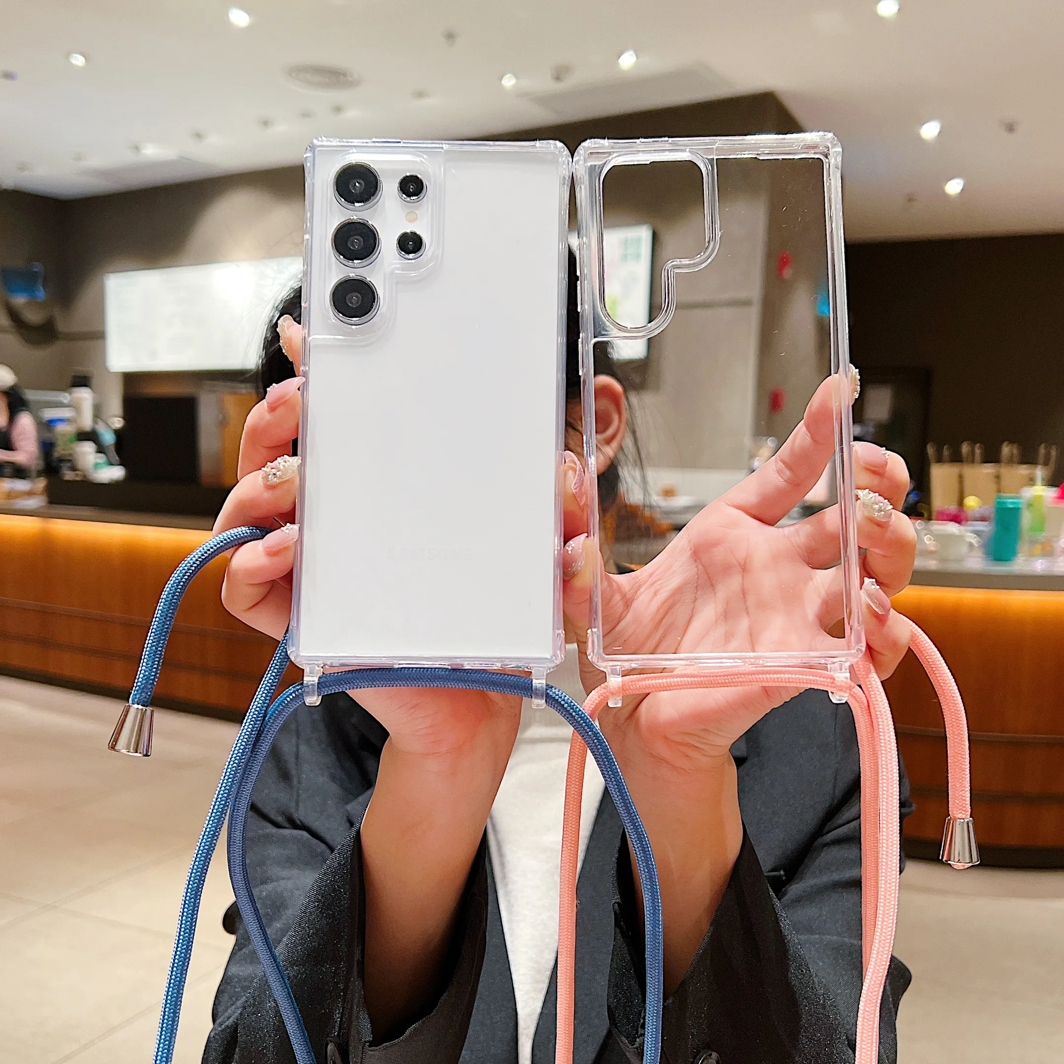 For Samsung Galaxy S26 Ultra S25 S24 Plus Crossbody Necklace Lanyard Cord Rope Strap Clear Case Back Shockproof Protection Cover