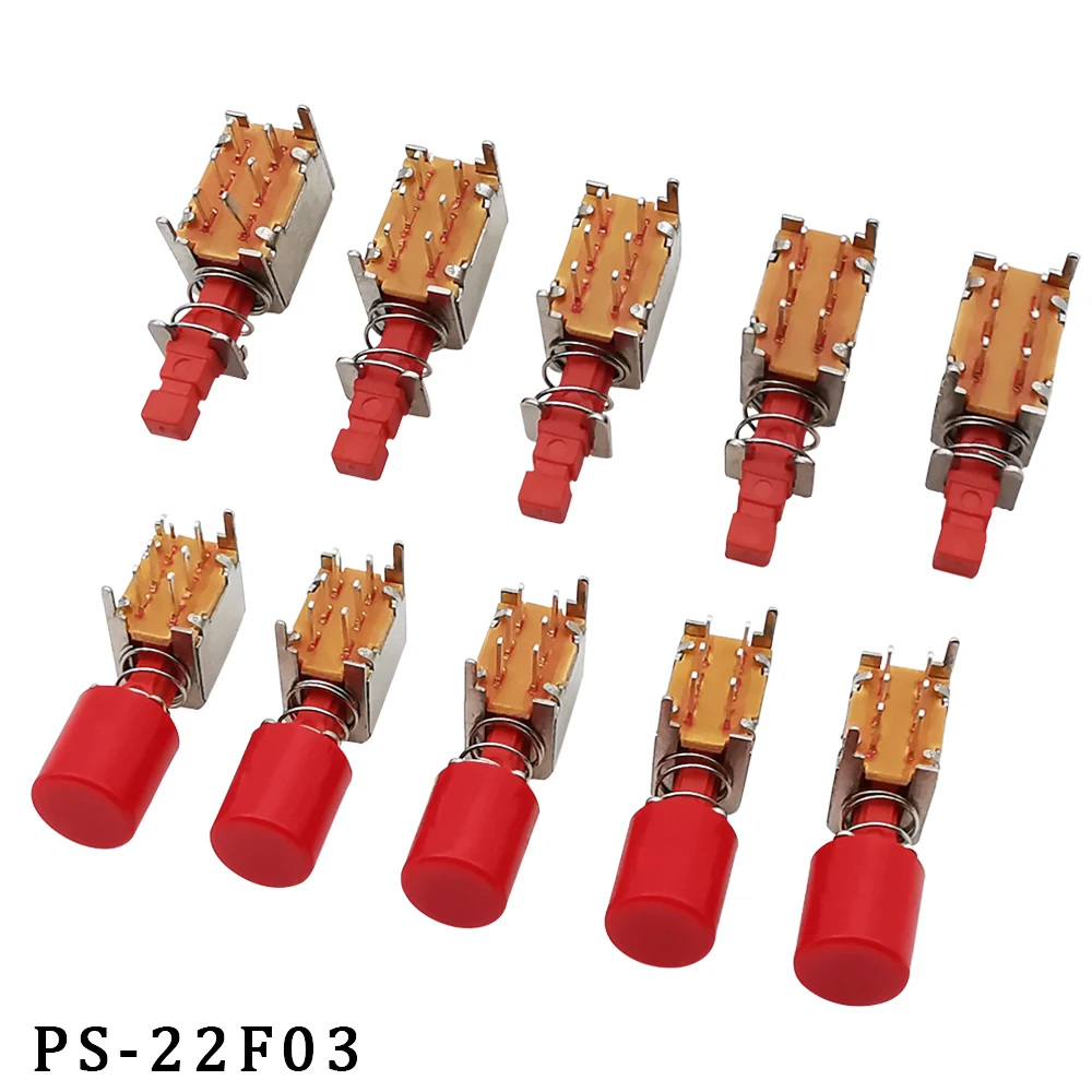 5/10/30/50Pcs Right Angle Red Directly Key Switch A03 PS-22F03 Self-Locking 6Pin PCB Latching Power Push Button Switch With Cap