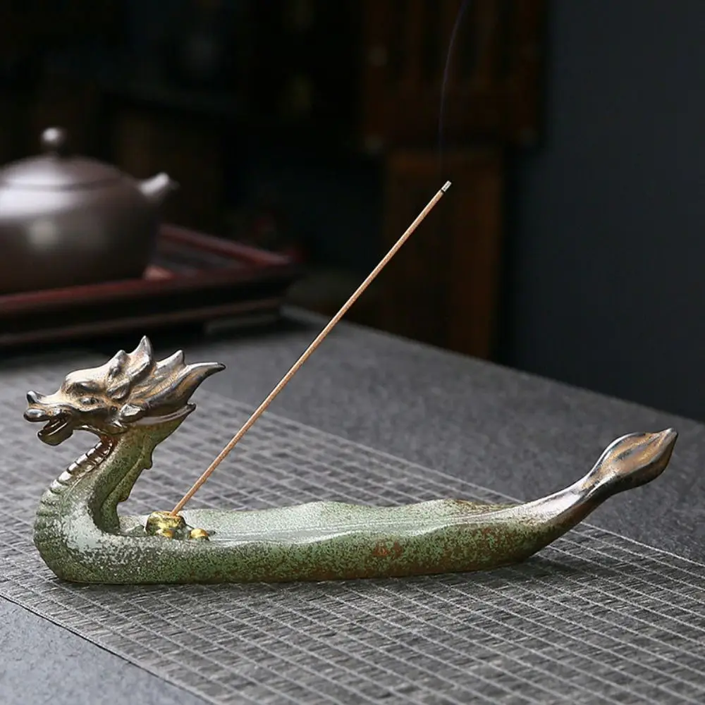 

Dragon Boat Shape Incense Burner Antique Chinese Style Incense Tray Ceramics Handcraft Line Incense Insertion Seat Living Room