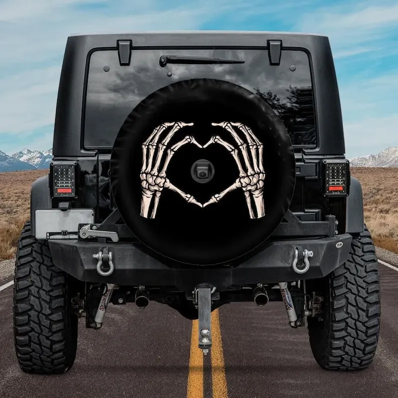 Skeleton Hands Spare Tire Cover, Valentine\'s day tire cover, Funny skeleton heart wheel cover with backup camera hole, Car acces