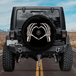 Skeleton Hands Spare Tire Cover, Valentine's day tire cover, Funny skeleton heart wheel cover with backup camera hole, Car acces