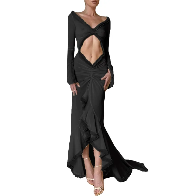 ผู้หญิงเซ็กซี่ลูกไม้ดูผ่านชุดMaxi Y2kดอกไม้Sheerสายคล้องคอBackless Bodyconติดตั้งชุดยาวปาร์ตี้คลับชุด