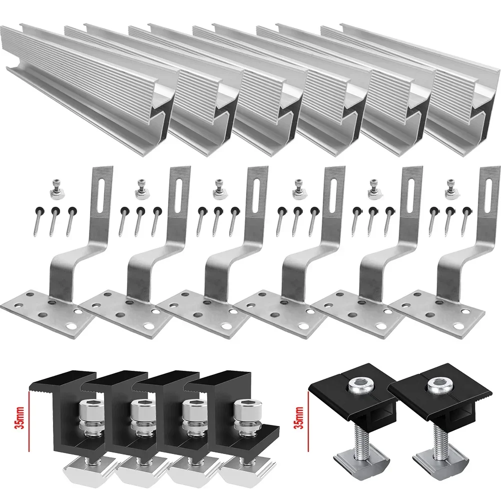 Solar Panel Rails Kit 20cm For 2pcs PV Module Solar Bracket Mounting Solar Rail Brick Roof Hook Middle/End Clamp 30mm/35mm/40mm