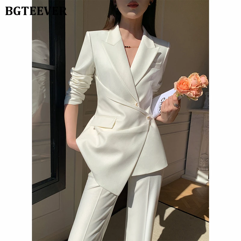 BGTEEVER Elegant Female Trousers Suits Long Sleeve Slim Jackets Women Wide Leg Pants Office Ladies White Blazer Set