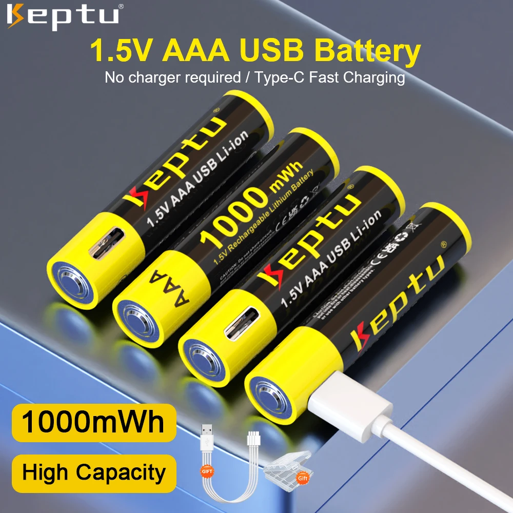 1.5V AAA 1000mWh High Capacity USB rechargeable Li-ion battery aaa 1.5V lithium for Remote control wireless mouse + TYPE-C Cable