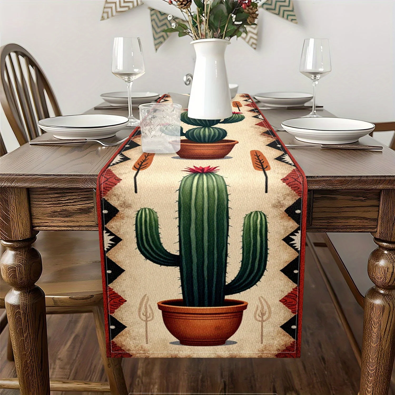 1 Piece of Latin American Style Cactus-Themed Table Runner, Vintage Ceramic Pot Cactus with Geometric Patterns, Suitable for Bohemian-Style Homestay Decoration, Tropical Plant-Themed Restaurant, Retro Cafe Soft Decoration, Gardening Studio Display, Outdoor Terrace Layout, Handmade Market Stalls, South American Cultural Events, Home Exotic Decoration, Using Latin American Elements to Cover Diverse Literary/Artistic / Exotic Scenes.