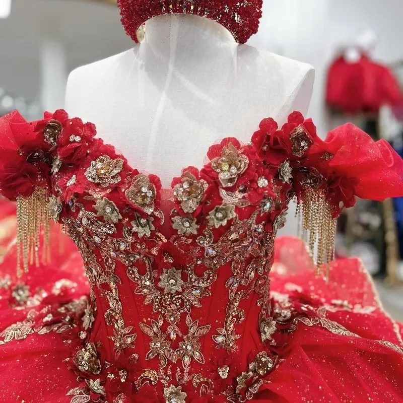 Red Shiny Quinceanera Dresses Gold Lace Applique Beading Customized Sweet 16 Vestidos De 15 Anos Birthday Party Dress