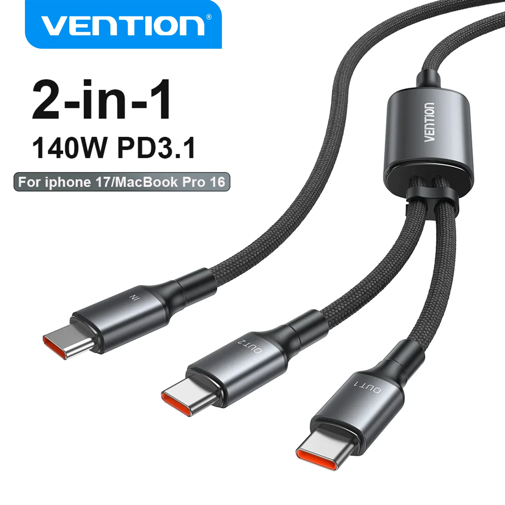 

Кабель для зарядки Vention 140 Вт, провод USB C — Type-C PD3.1, кабель для быстрой зарядки C с датой 2 в 1, для Macbook Pro 16 iPhone 17 16 15 Samsung