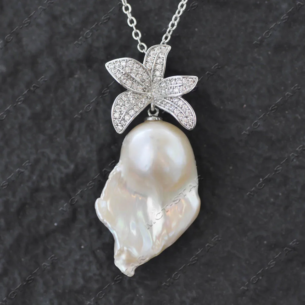 

Z14381 30mm White Baroque Reborn Keshi Pearl Flower CZ Pendant Chain