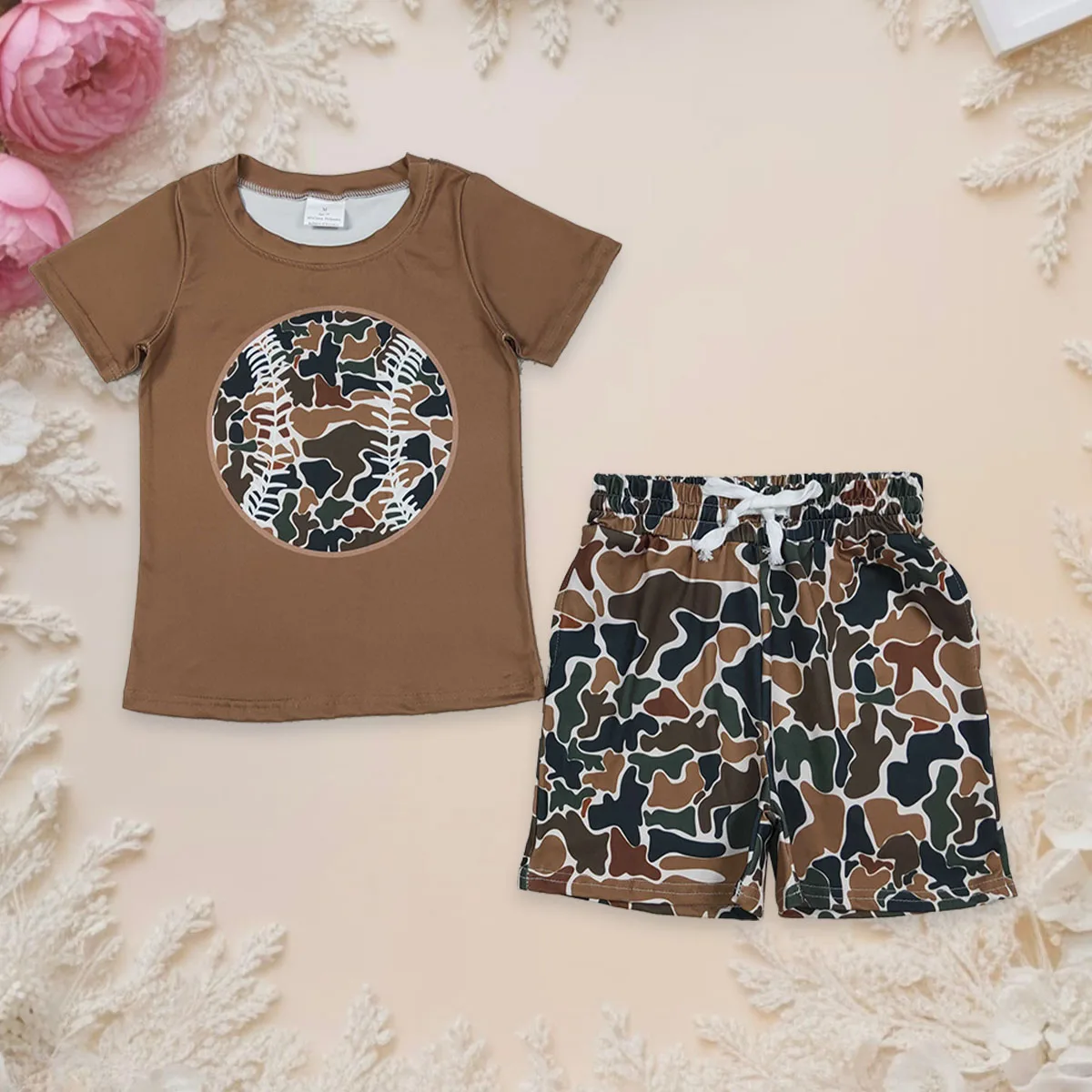 

Baby Boy Summer Short Sleeves Tops Dark Brown Camo Baseball Set Infant Toddler Pockets Shorts Children Kids Outfit Wholesale