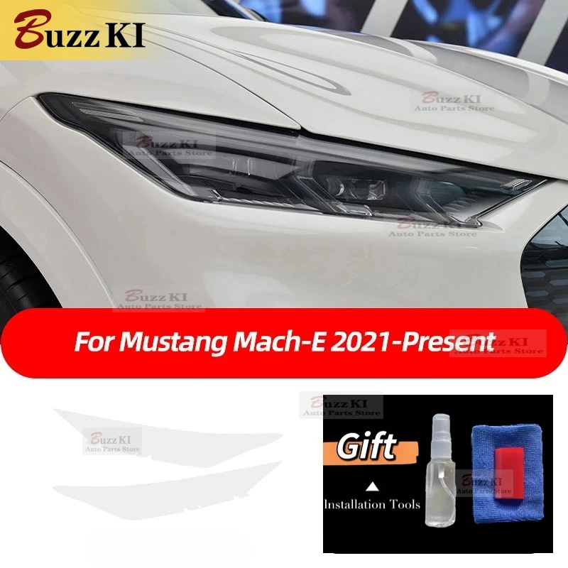 For Ford Mustang Mach E 2021 2022 2 Pcs Car Headlight Protective Film Front Light Transparent Smoked Black TPU Car Sticker