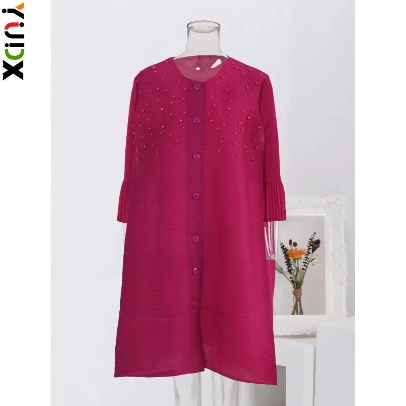 

YUDX Miyake High End Beading Pleated Dress For Women Single Breasted Flare Sleeves Loose Elegant Clothing Female 2024 Autumn New