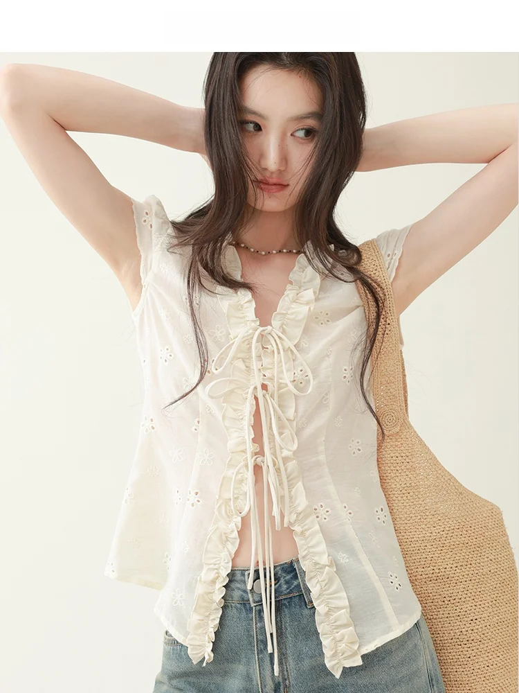 

CHACHASTU Retro Button-Up Lace Trim ature Sve irt Slim Fit V-Ne Outerwear Cotton 2025 Summer Women's irt