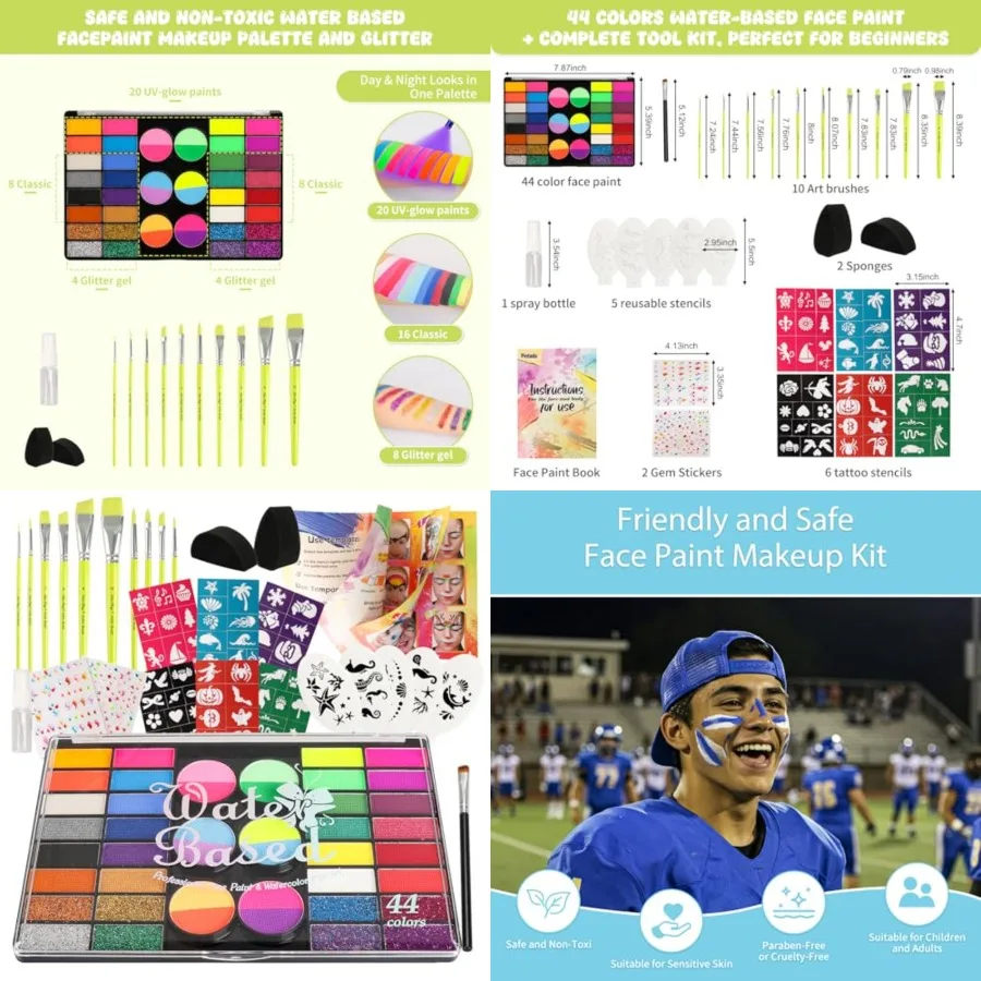 

Набор для рисования на лице из 44 цветов для вечеринок - нетоксичная палитра красок для лица, активируемая водой, с трафаретами, кистями, стразами и блестками. Хал