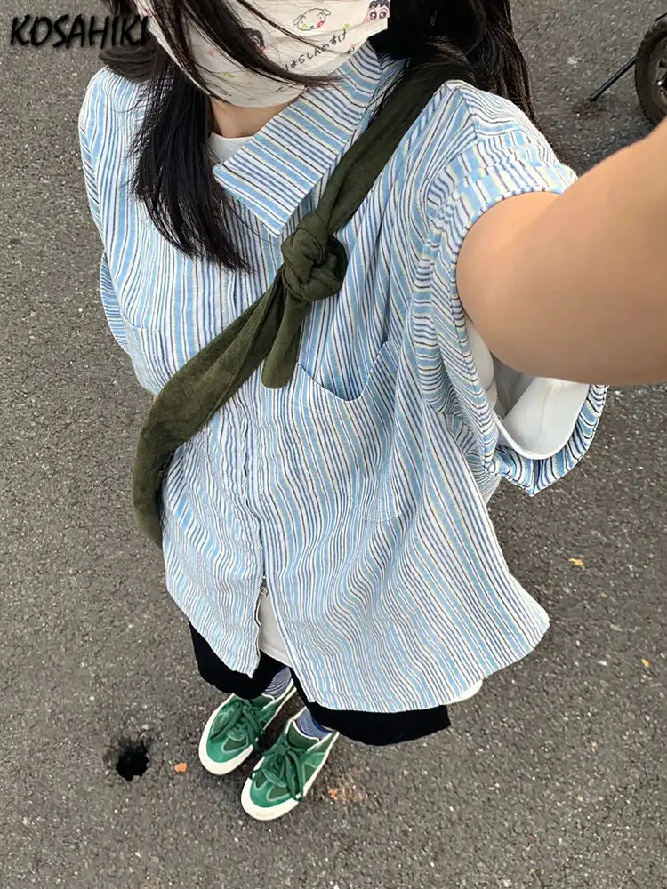 2024 Summer Short Sleeve Striped Loose Women Blouse Pocket Y2k Aesthetic All Match Blusas Fashion Casual Japanese Harajuku Shirt