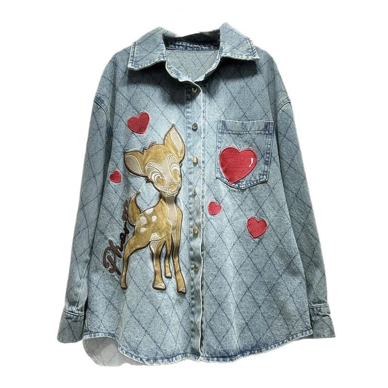 WTHT Trendy Women's Embroidery Animal Design Plaid Denim Shirt 2025 Summer Fashion Lapel Long Sleeve Blouse Female 1LS1345