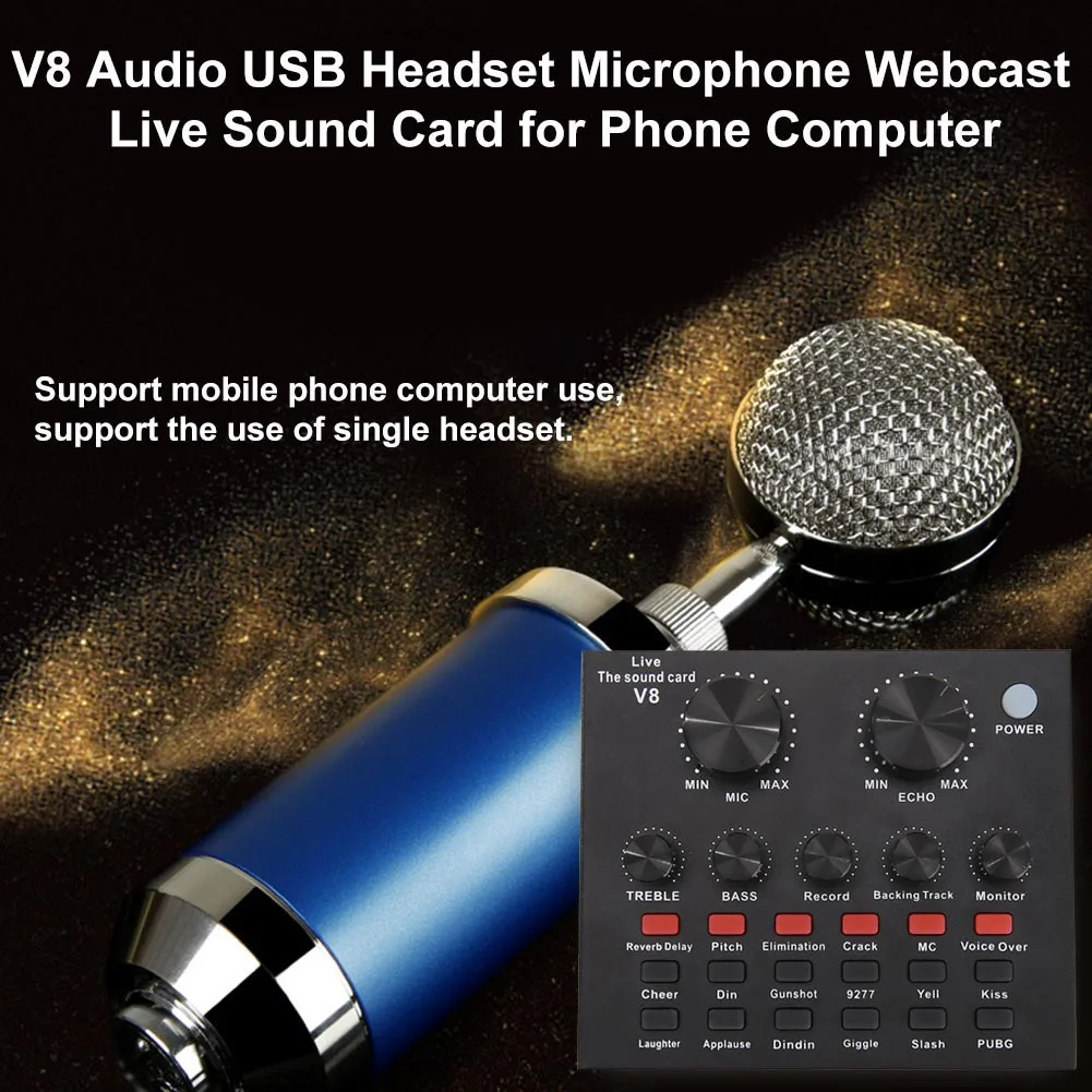 V8 Audio Sound Card with Monitor USB Electric Guitar Live Broadcast Recording for Studio Singing PC Phone Phantom