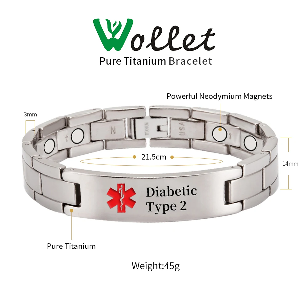 Wollet Titanium Medical Alert Bracelet for Men ID Bangle Personalised 22CM/14MM